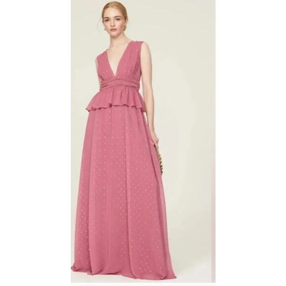 Revolve LDT LDT Pink Rose Metallic Peplum Waist V Neck Maxi Dress Size 4 - Picture 1 of 10